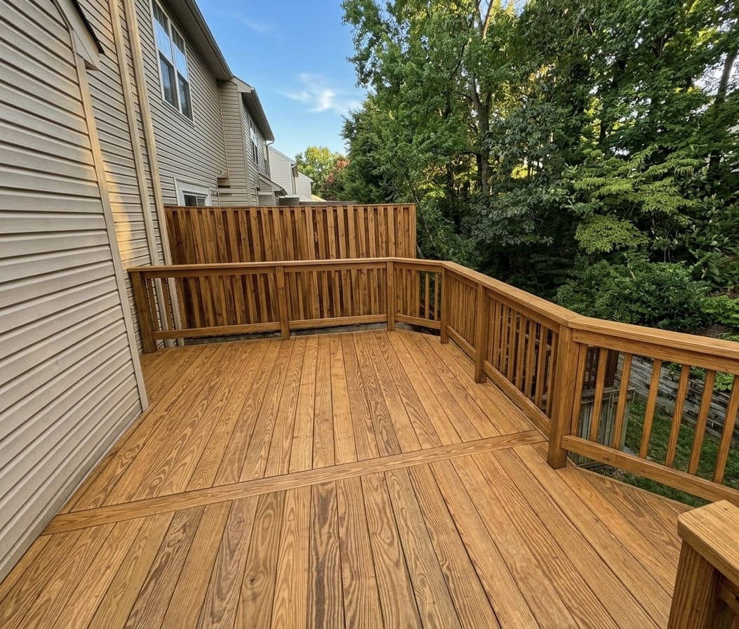 Completed new natural wood deck with stairs and classic railing