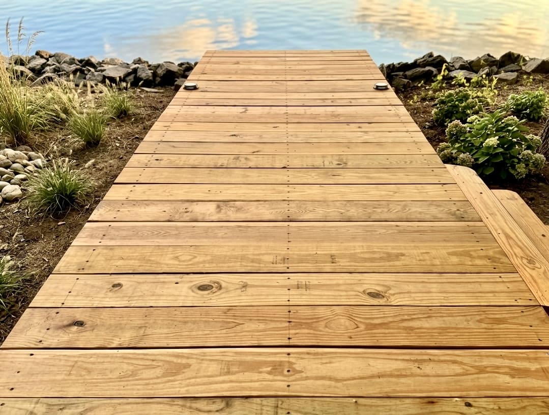 Fresh dock surface boards extending toward the water