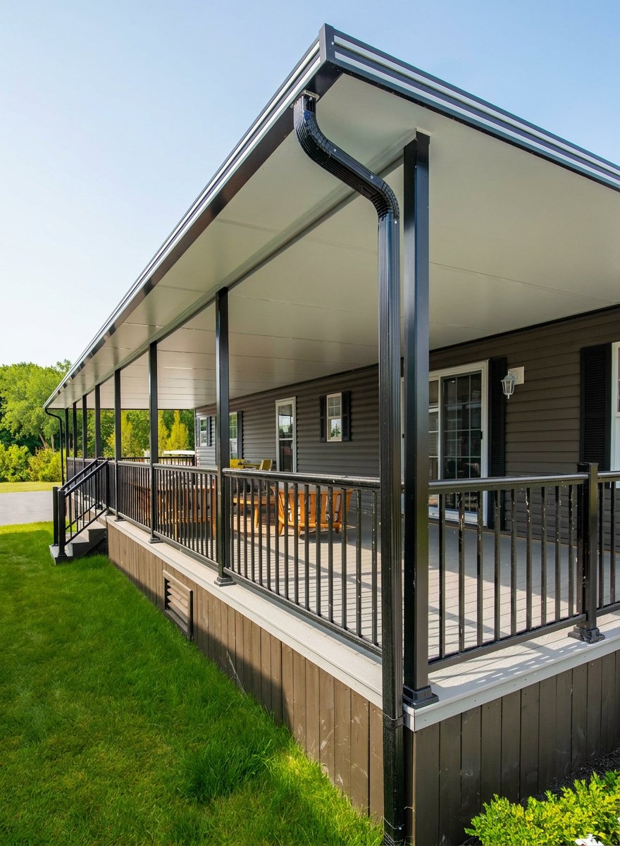 Solid wood patio cover with ceiling fans and stone paver floor