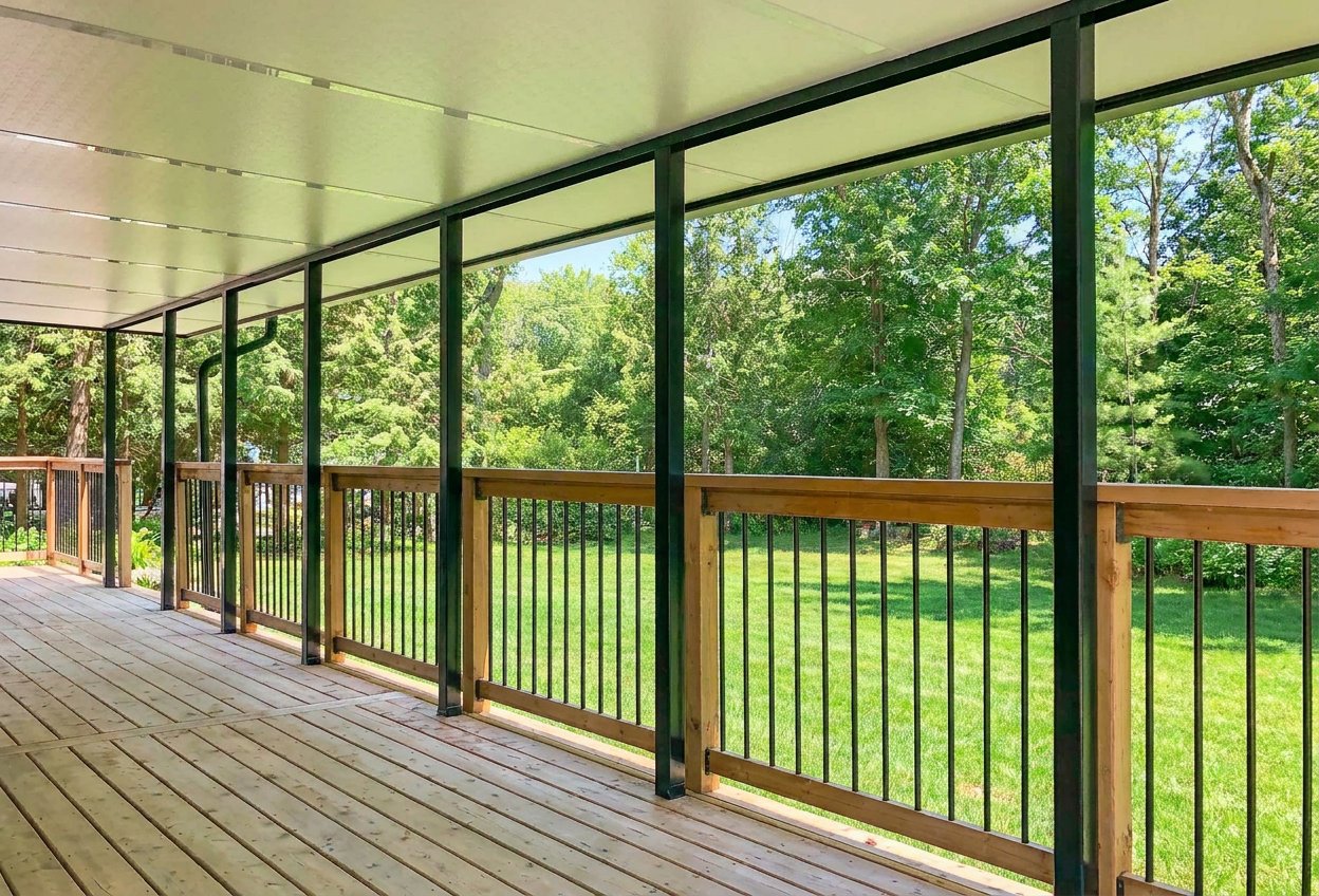 Sunspace solid insulated patio cover over a wooden deck