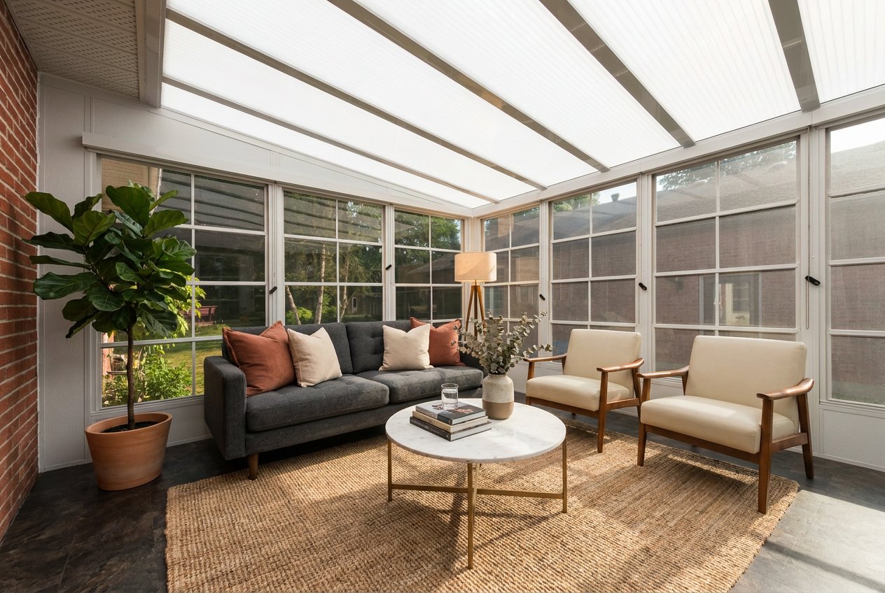Sunspace Model 200 WeatherMaster sunroom with tinted vertical 4-track vinyl windows