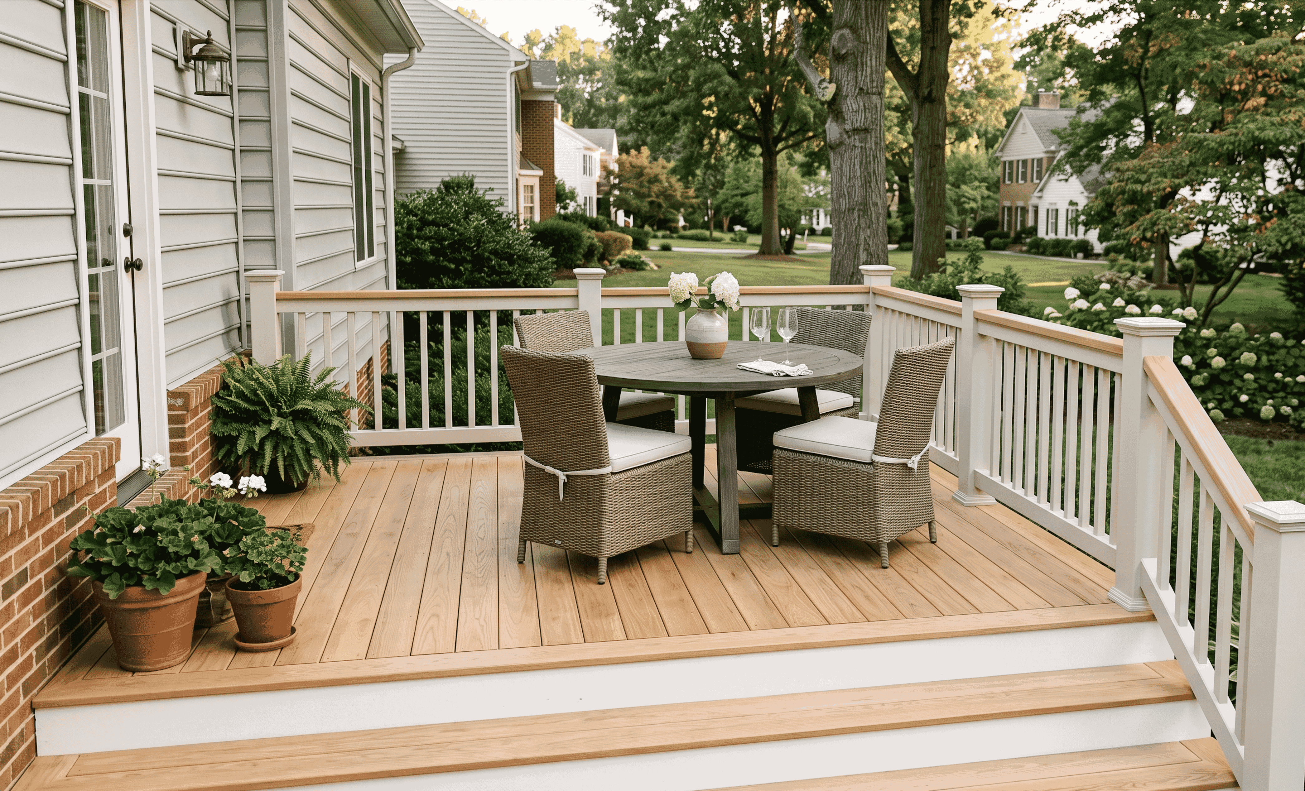 Completed new composite deck with modern railing on waterfront home